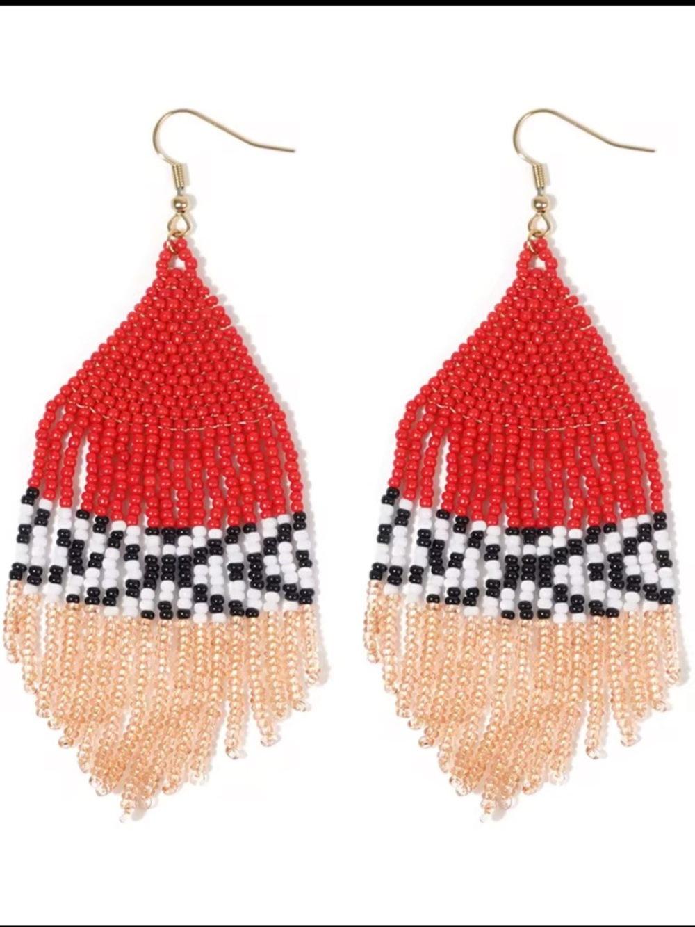 Handmade Red, Black & Gold Beaded Fringe Earrings